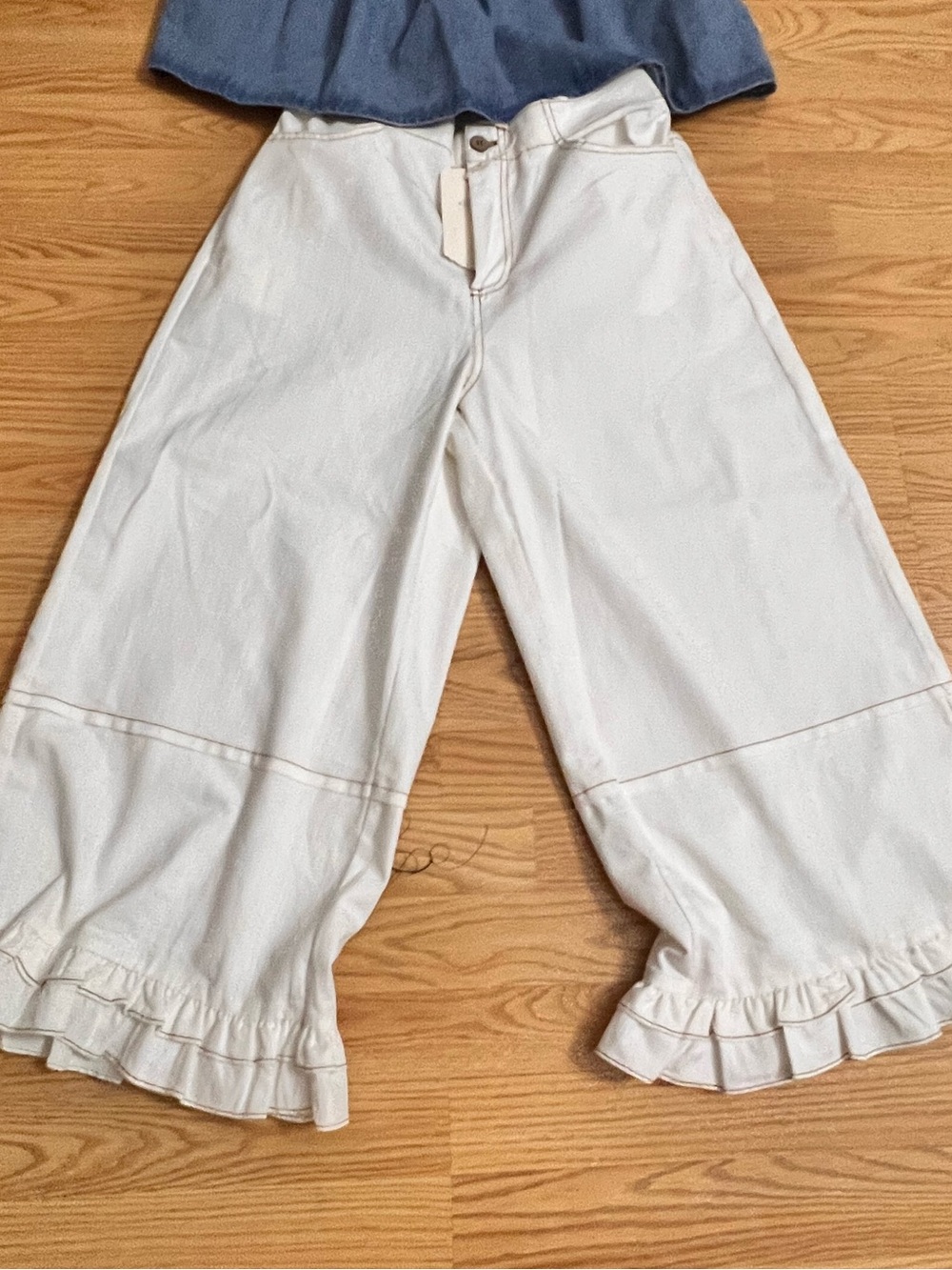 Vine & Love Cream High-Waist Wide Leg Pants with Contrast Stitching Ruffle Hem